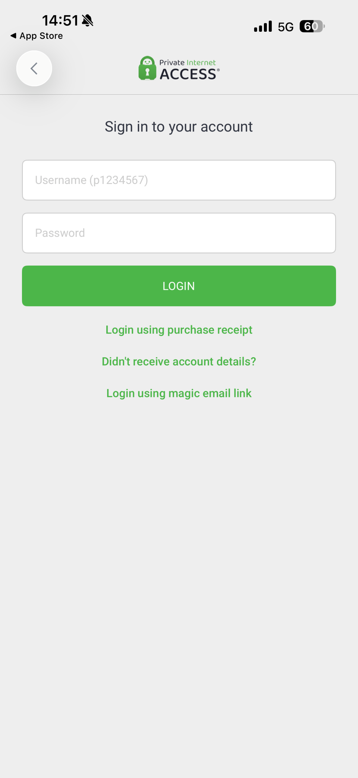 PIA VPN iOS app showing login page.
