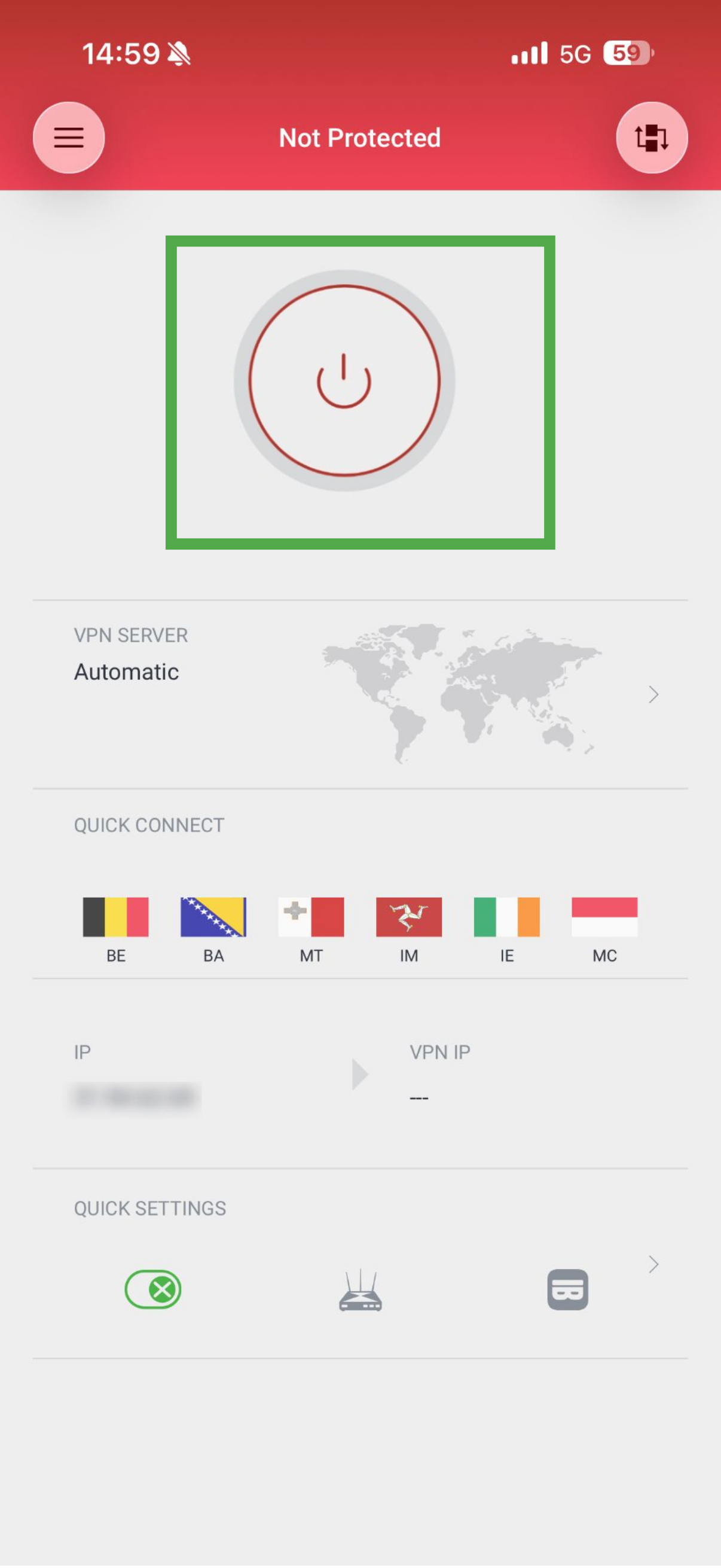 PIA VPN iOS app showing server not connected and red power button highlighted.