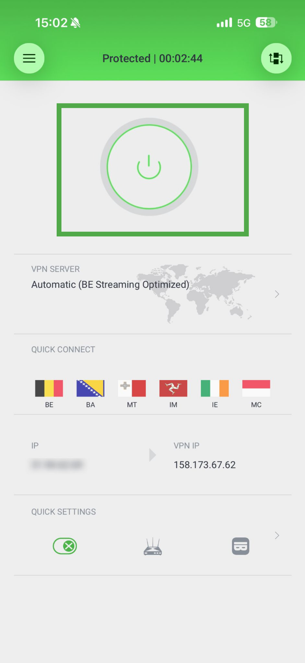 PIA VPN iOS app showing server connected and green power button highlighted.