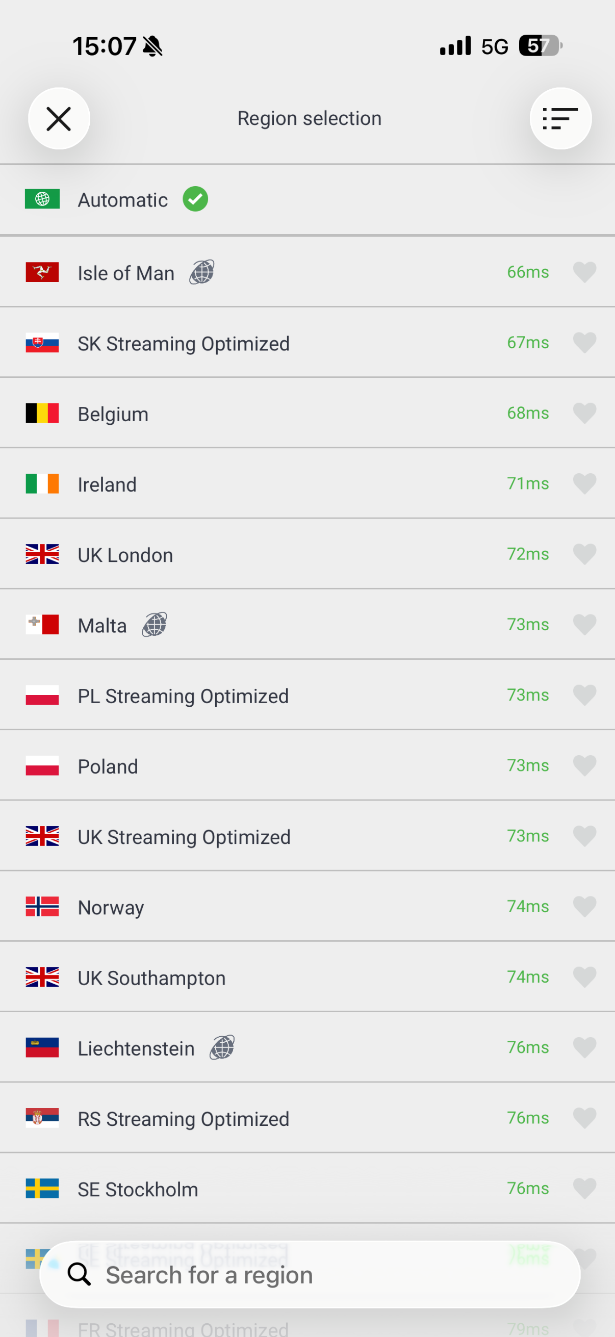 iOS PIA VPN app showing server list.