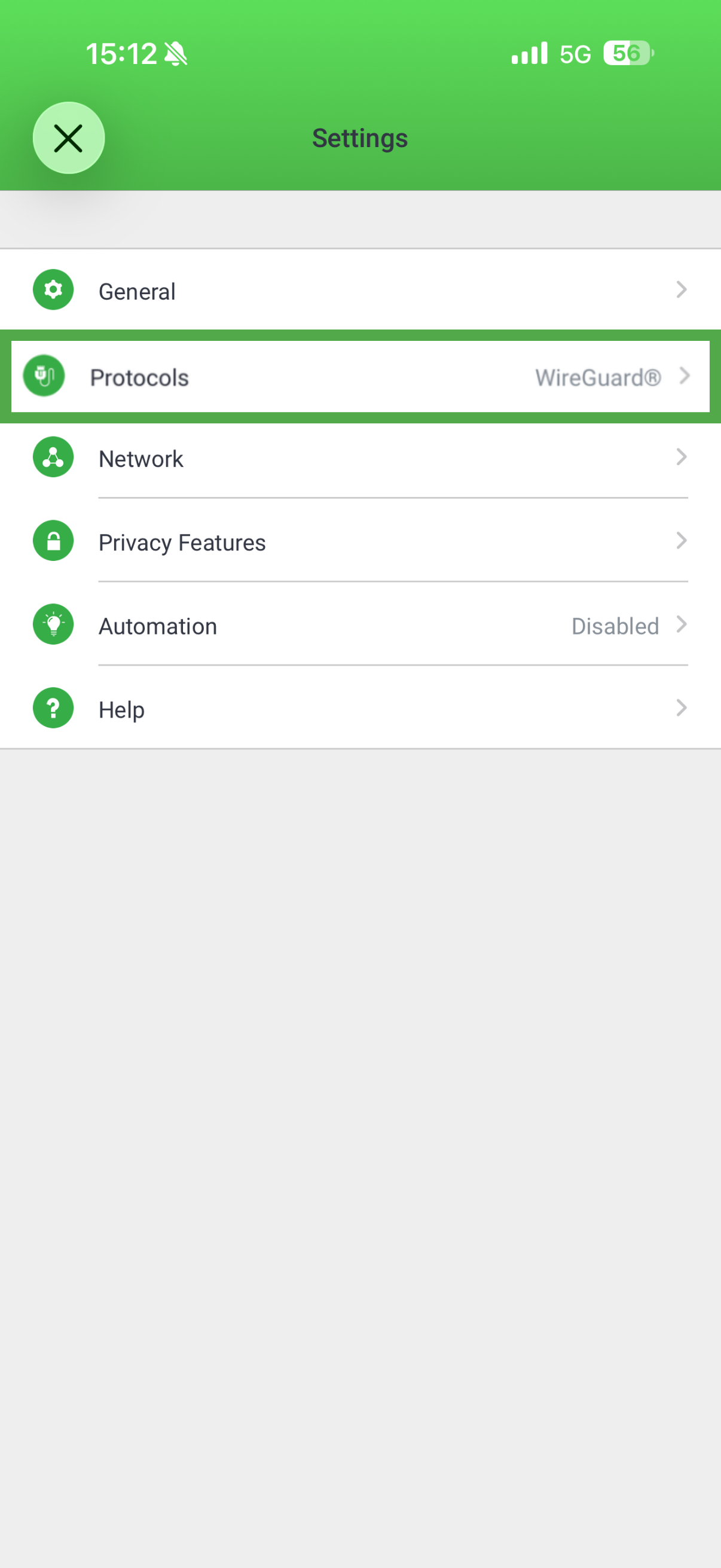 PIA VPN iOS app showing protocols menu highlighted.