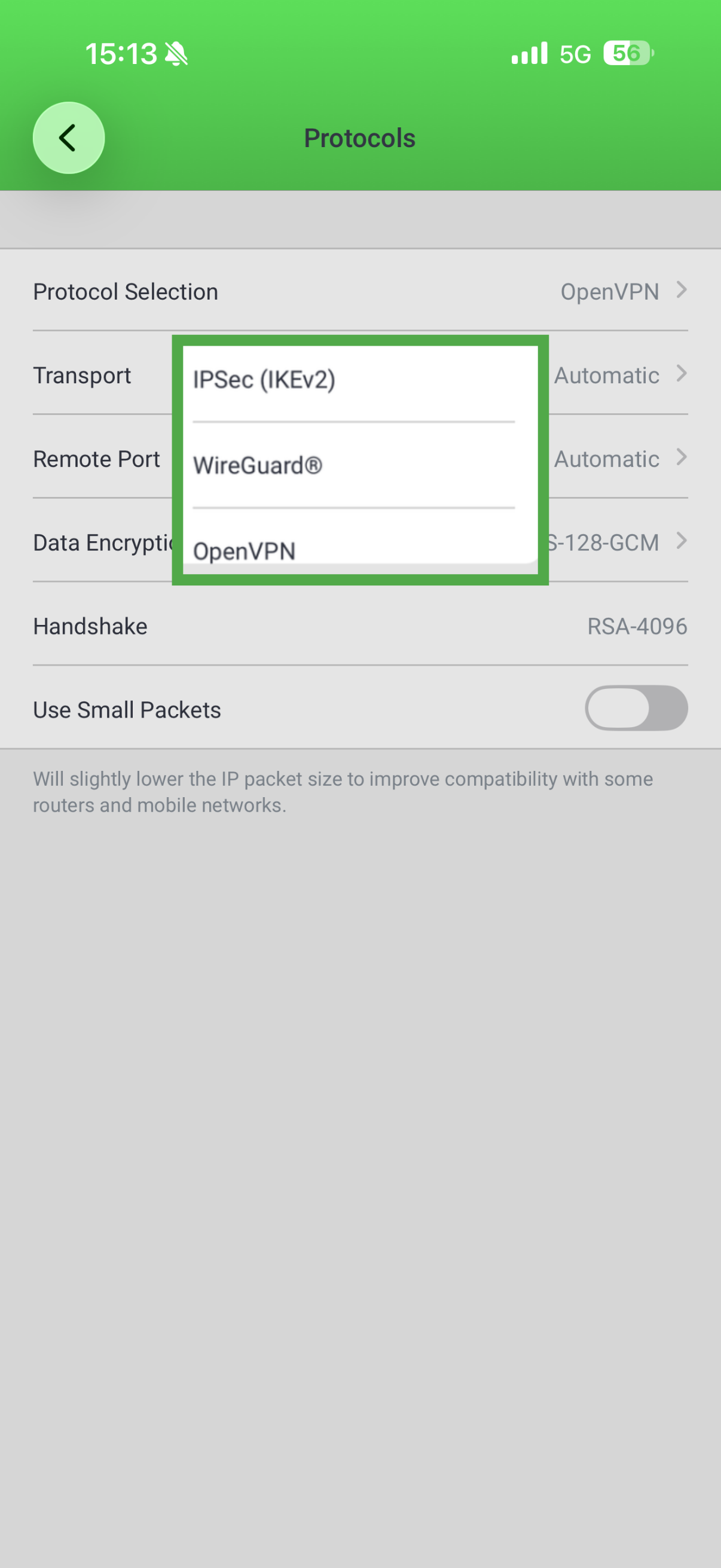 PIA VPN iOS app showing protocol selection menu highlighted.