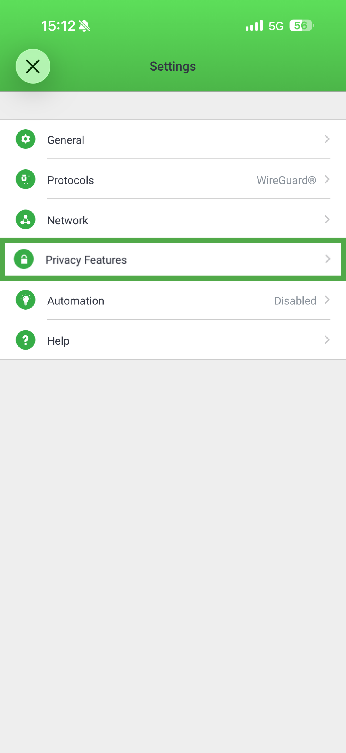 PIA VPN iOS app showing privacy features menu highlighted.