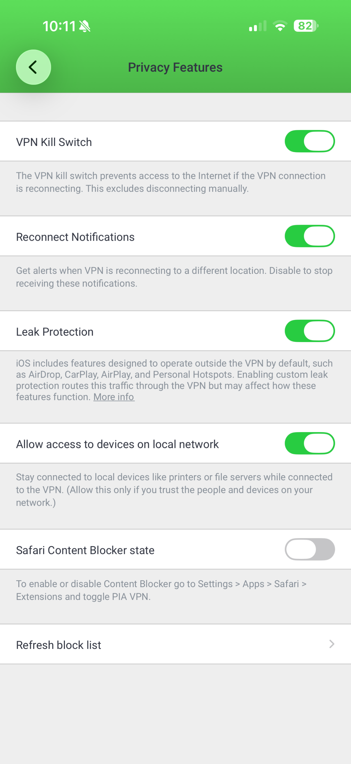 PIA VPN iOS app showing list of privacy features.