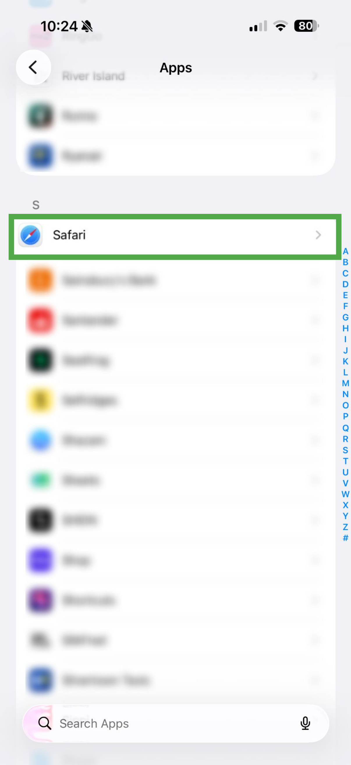 iOS apps list showing Safari highlighted.