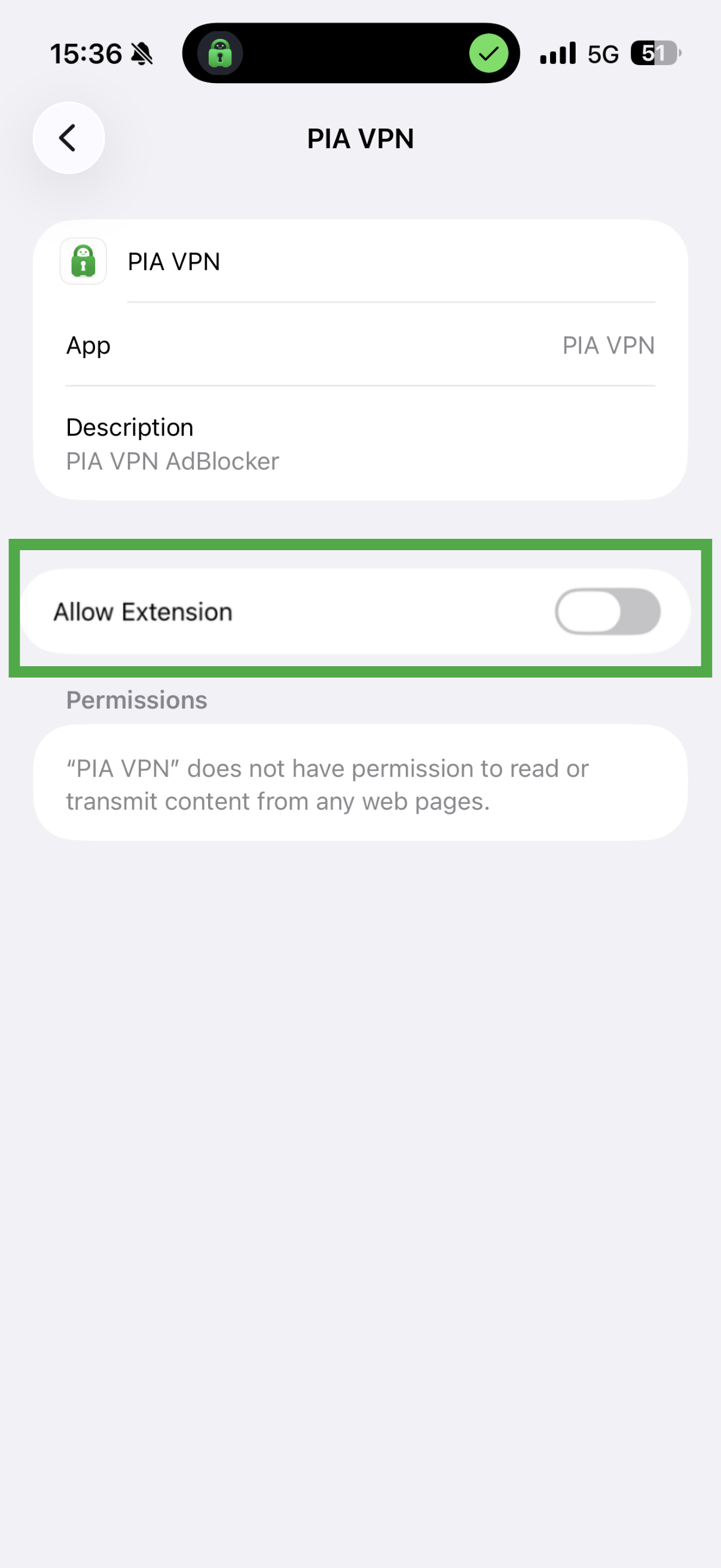 iOS PIA VPN settings showing extension highlighted.