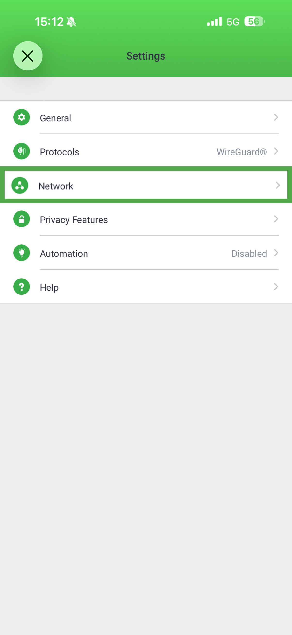 PIA iOS app showing settings menu, with the Network option highlighted in a green box.