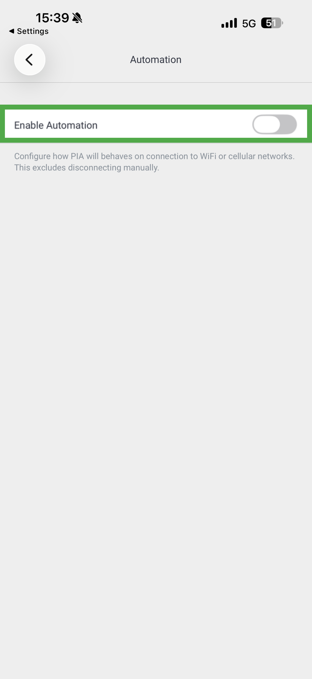 PIA VPN iOS app showing enable automation option highlighted.