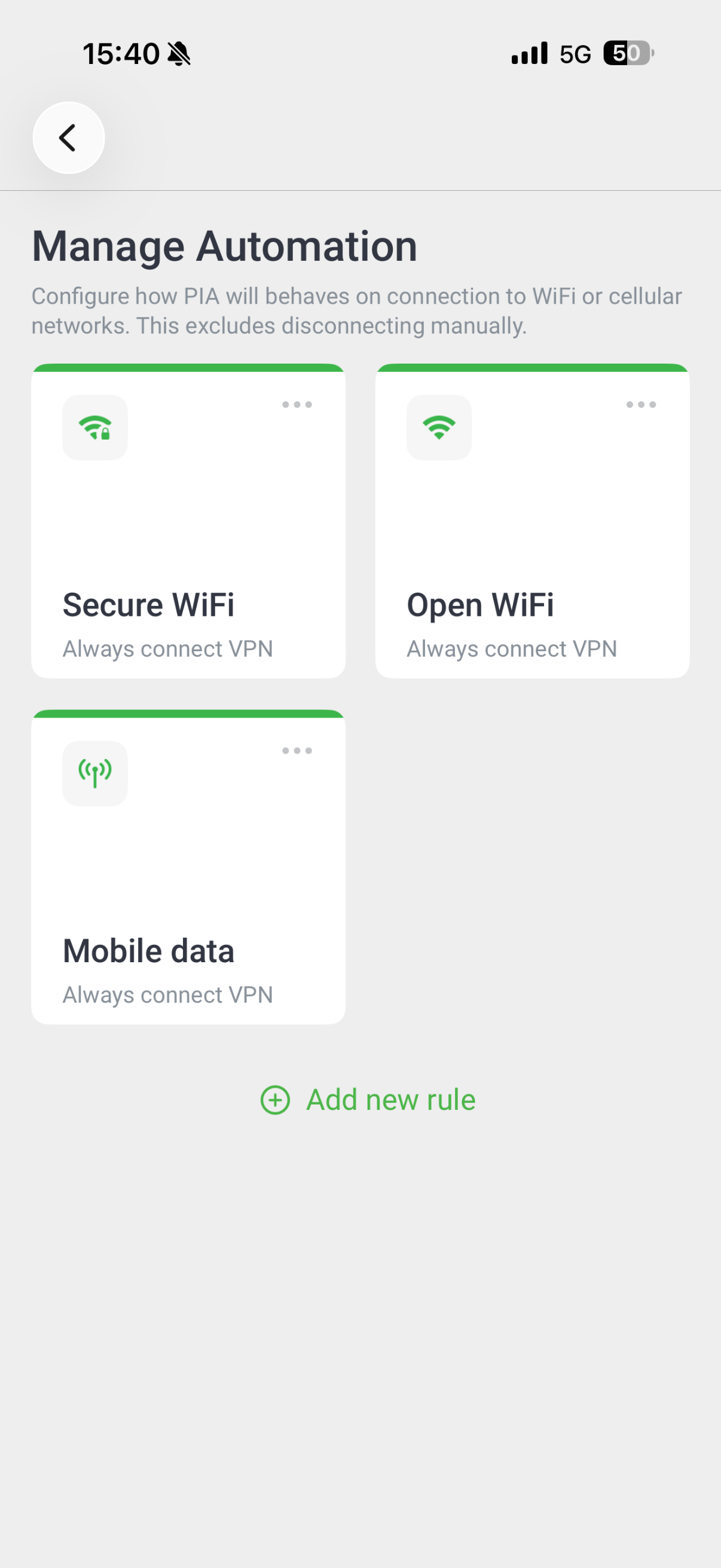 PIA VPN iOS app showing manage automation options.