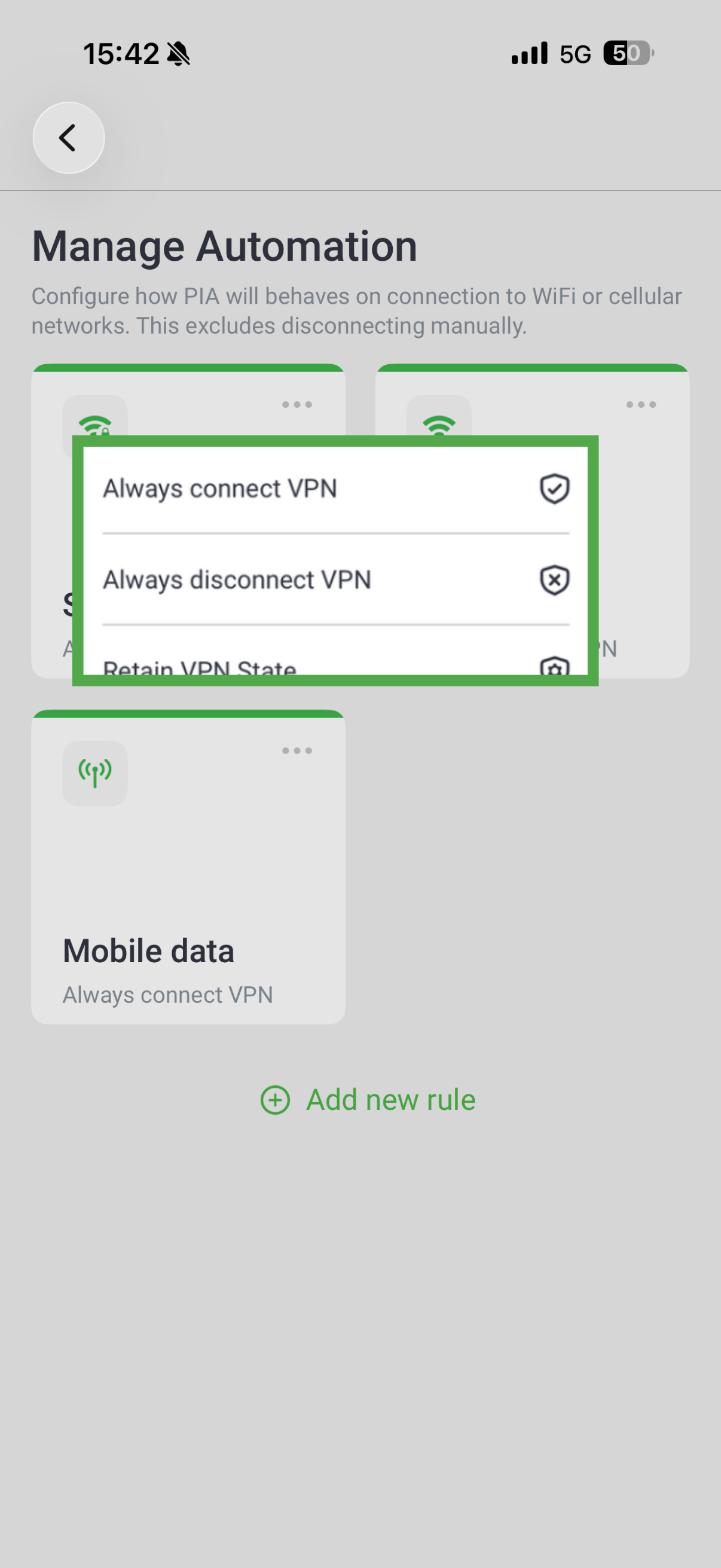 PIA VPN iOS app showing manage automation options.