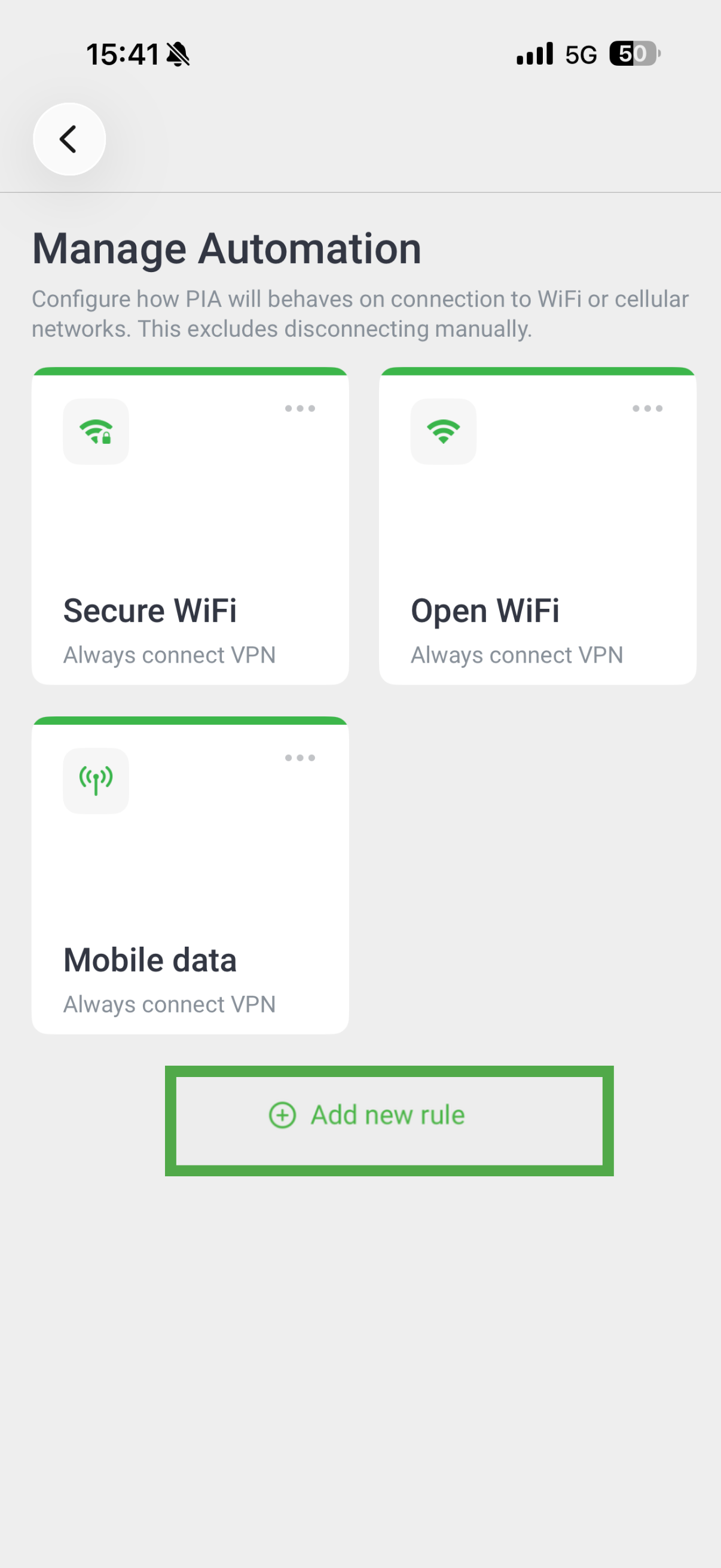 PIA VPN iOS app showing add new rule for automation option.
