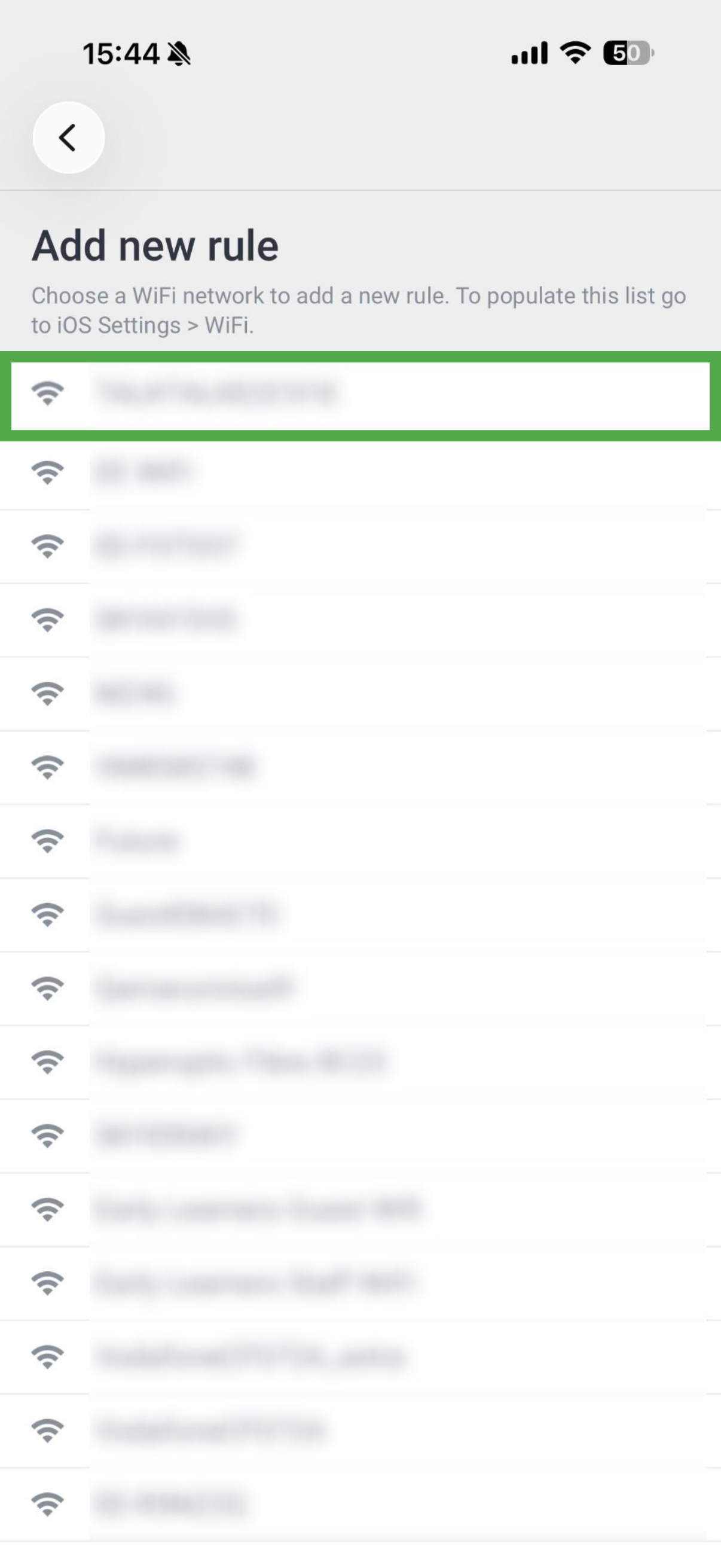 PIA VPN iOS app showing Wi-Fi list for add new automation rule.