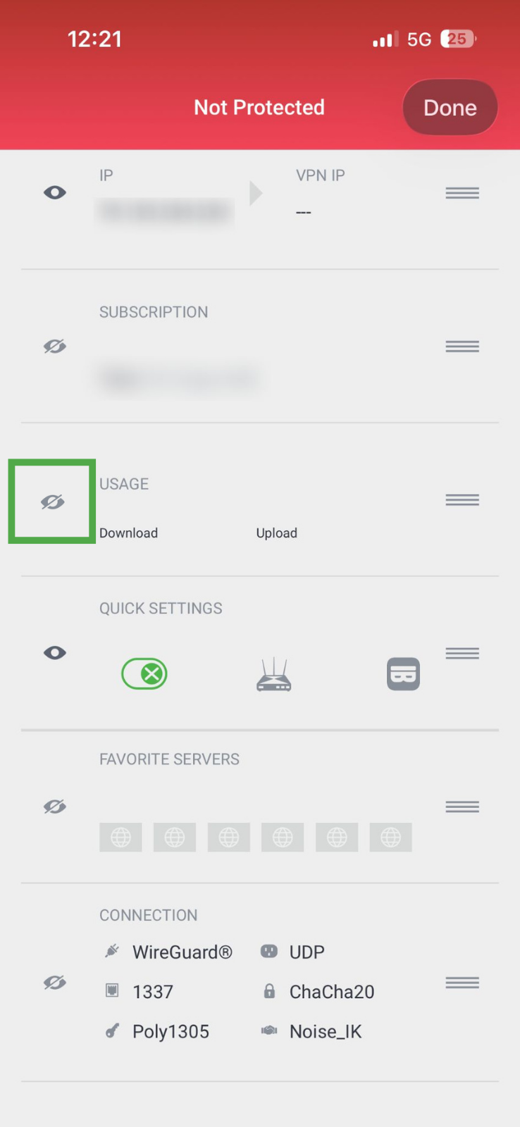 PIA iOS app showing the main settings menu, with the Visibility icon highlighted in a green box.