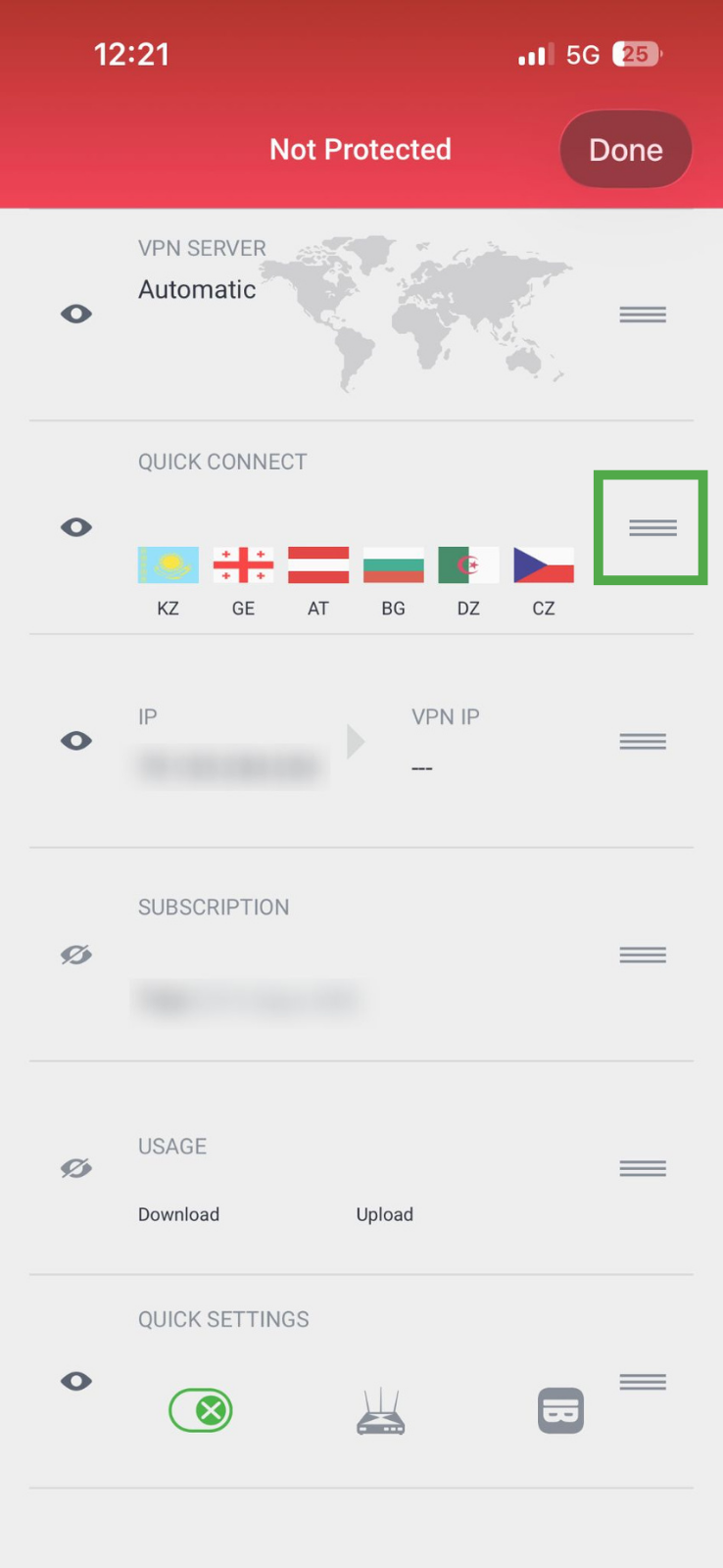 PIA iOS app showing the main settings menu, with the Sandwich icon highlighted in a green box.