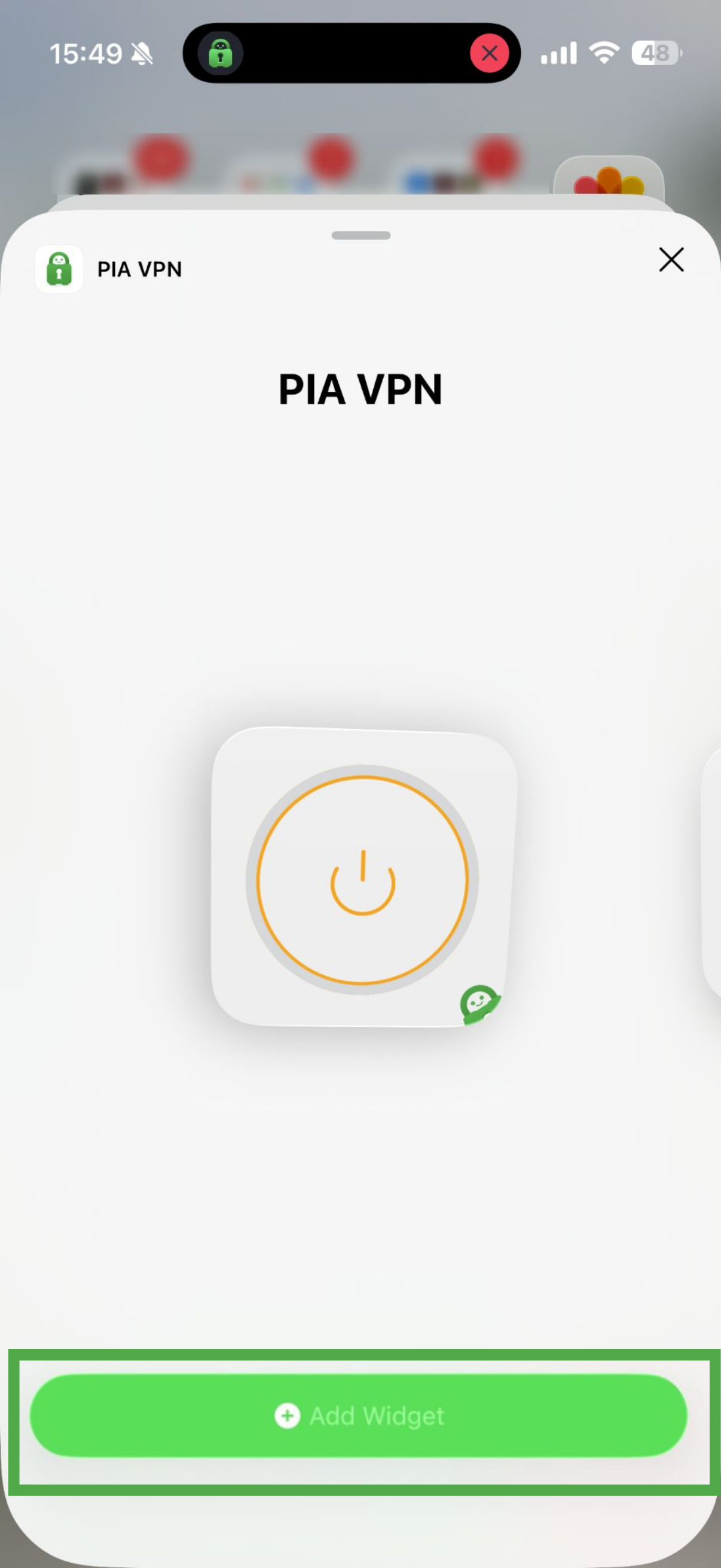 iOS home screen showing add PIA VPN widget highlighted.