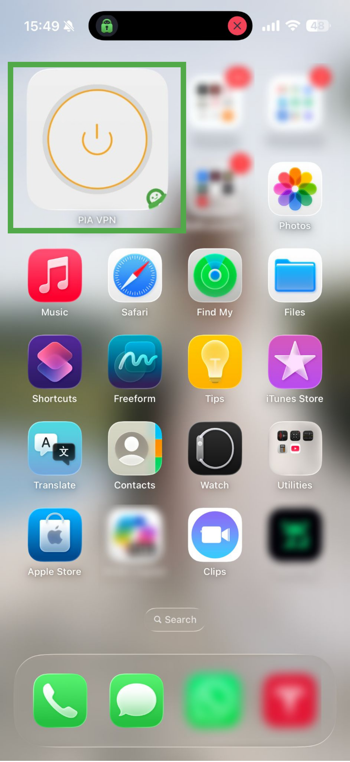 iOS home screen showing PIA widget added.