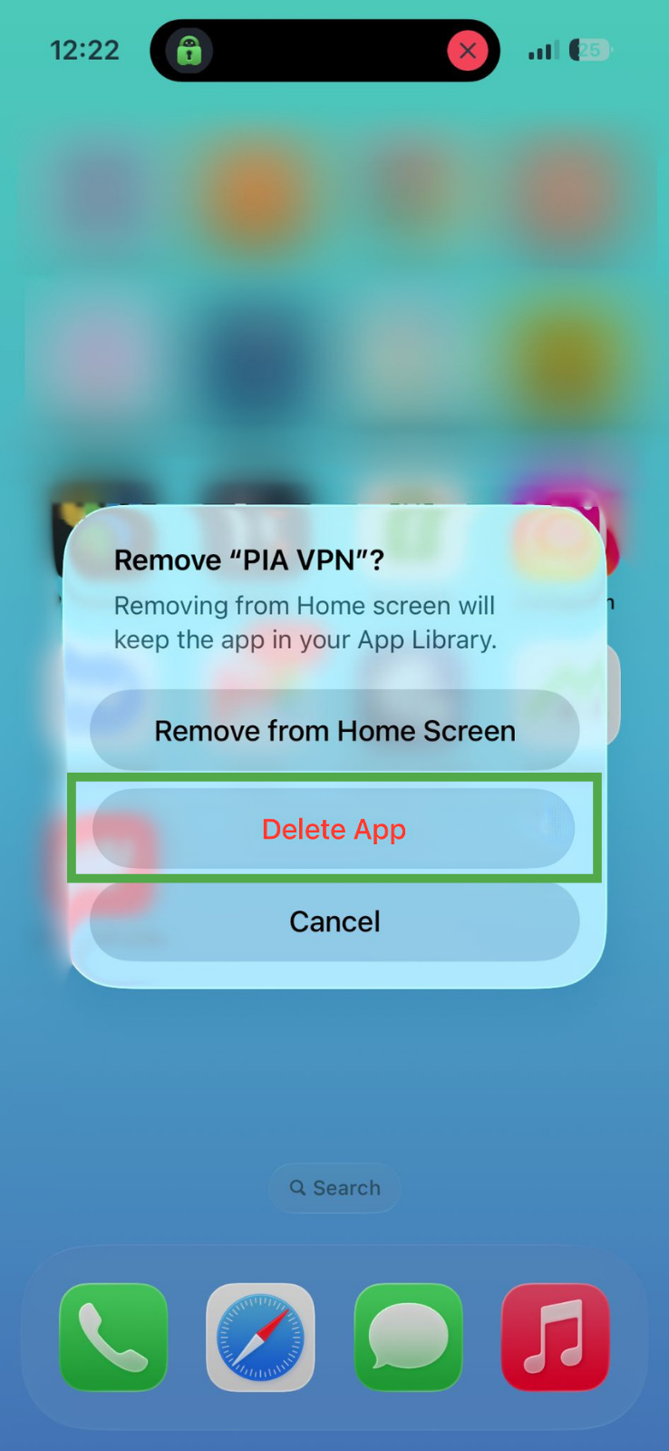iOS home screen showing the PIA VPN deletion confirmation prompt, with the "Delete App" button highlighted in a green box.