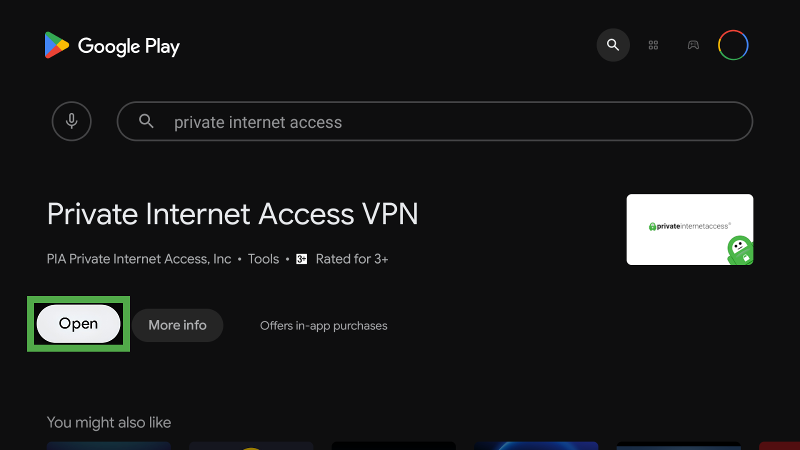Private Internet Access VPN listing page on the Google Play Store after installation, showing the "Open" button highlighted inside a green box.