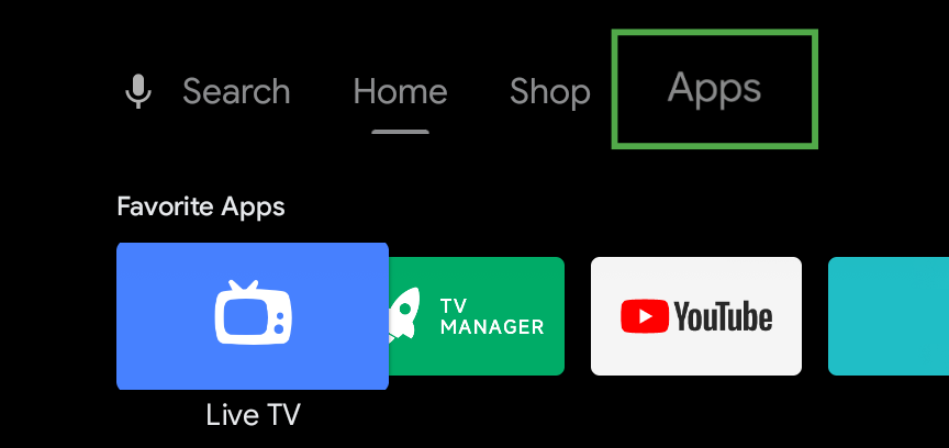 Android TV home screen navigation bar with the "Apps" tab highlighted inside a green box.