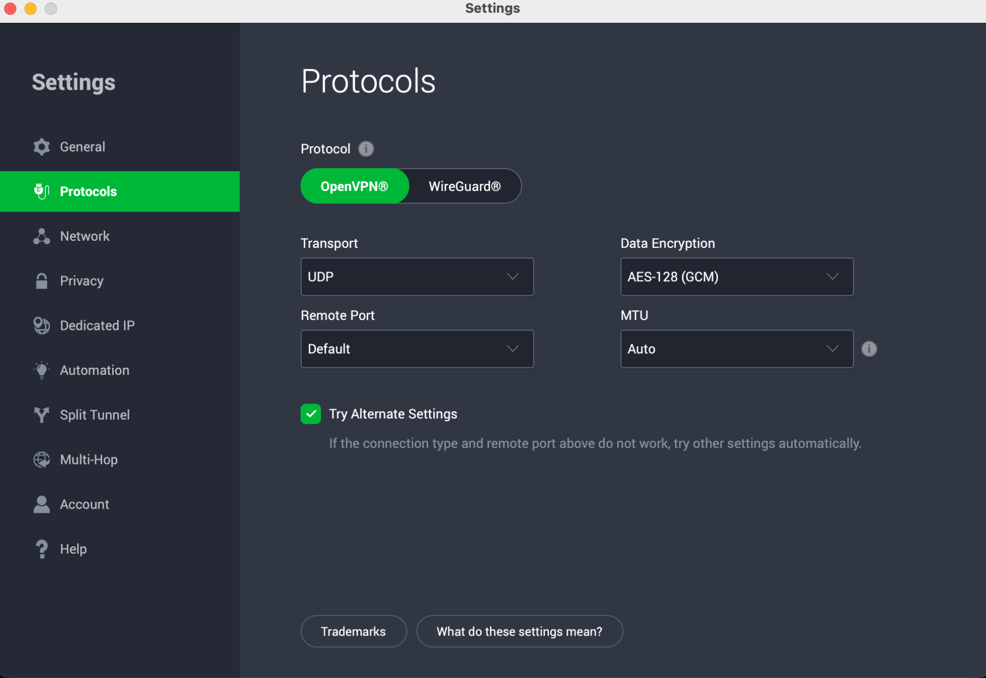 Private Internet Access Protocols settings with OpenVPN selected.