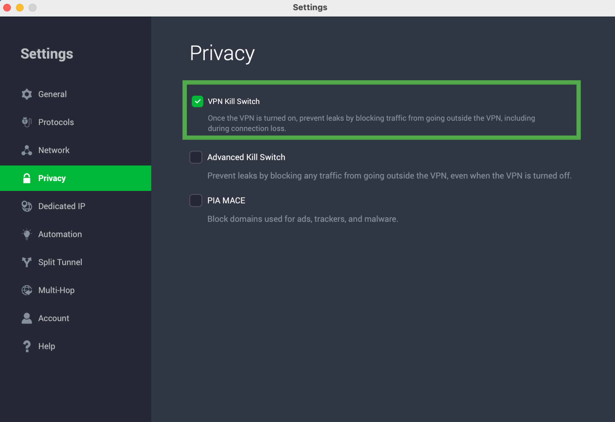 Private Internet Access Privacy settings with VPN Kill Switch enabled.