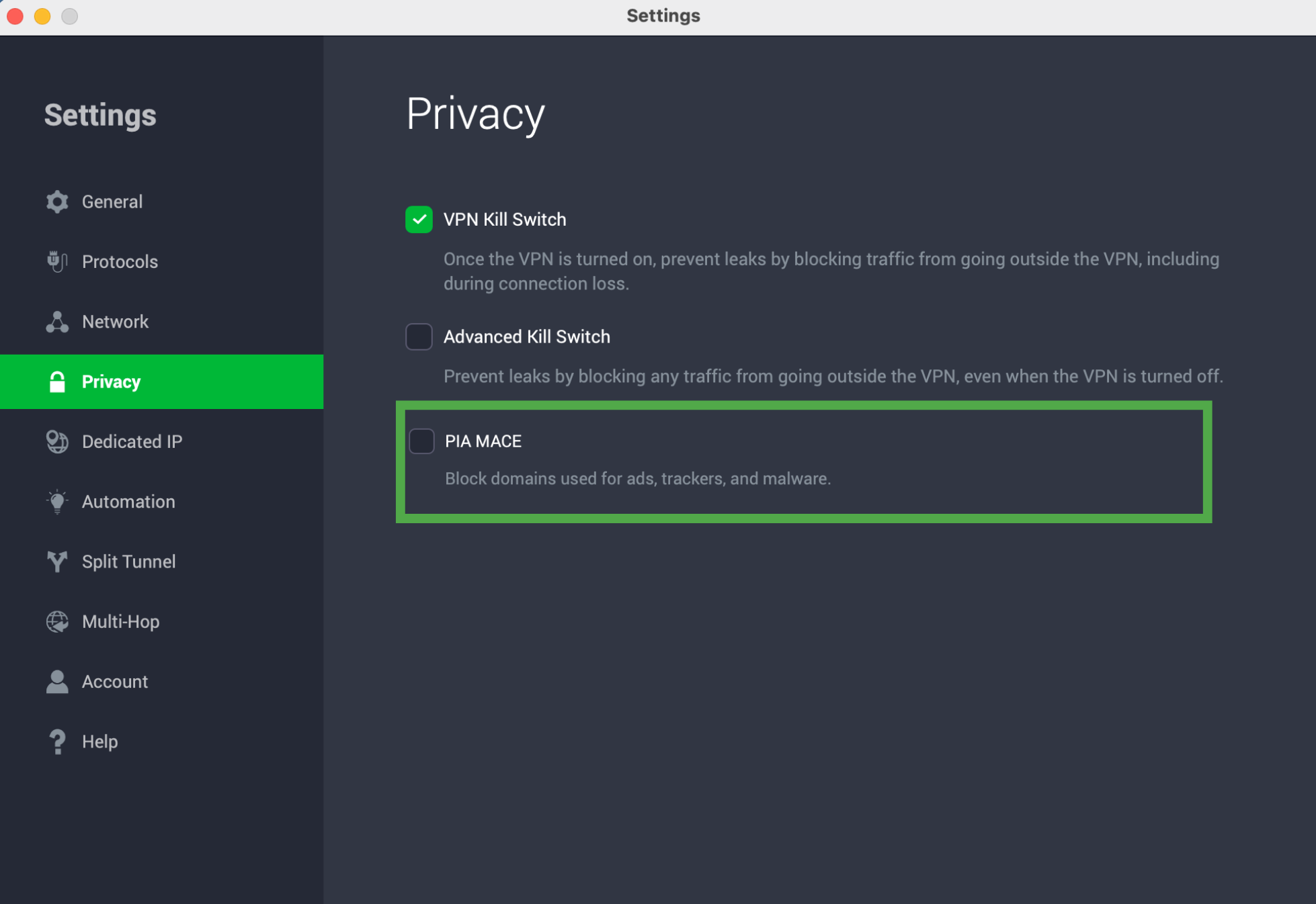 Private Internet Access Privacy settings showing the PIA MACE option.