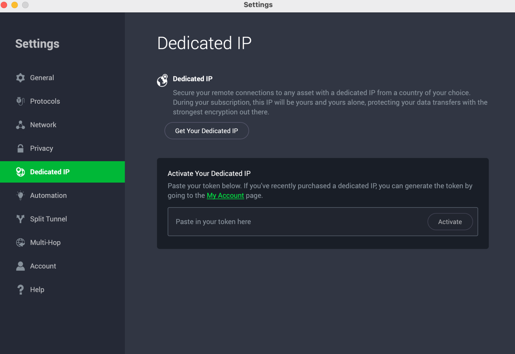 Private Internet Access Dedicated IP settings on Mac.