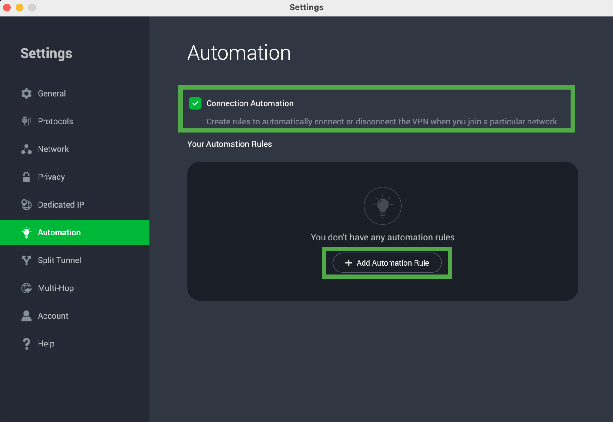 Private Internet Access Automation settings with Connection Automation enabled.