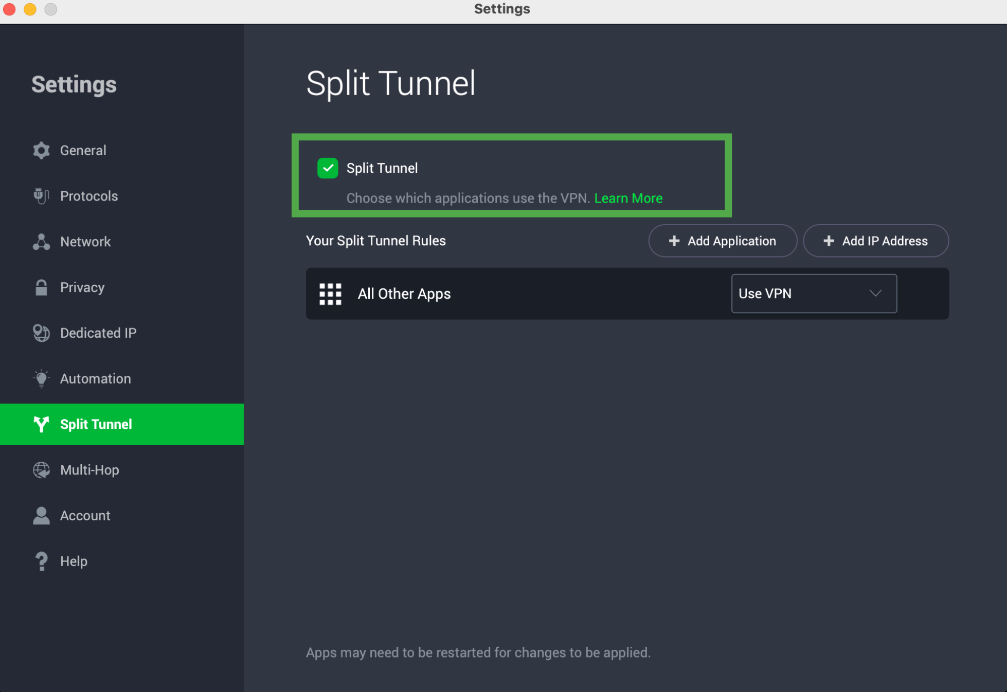 Private Internet Access Split Tunnel settings with split tunneling enabled.