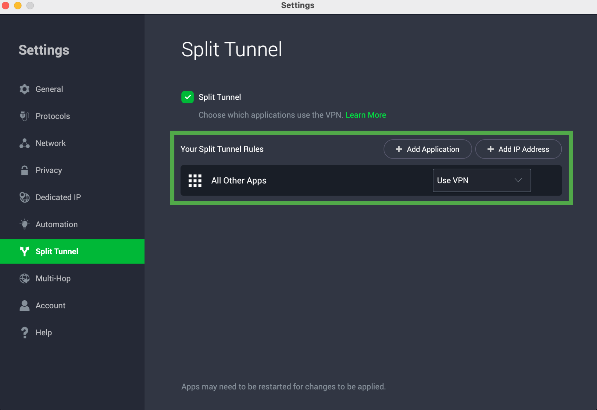 Private Internet Access Split Tunnel settings showing application and IP address rules.
