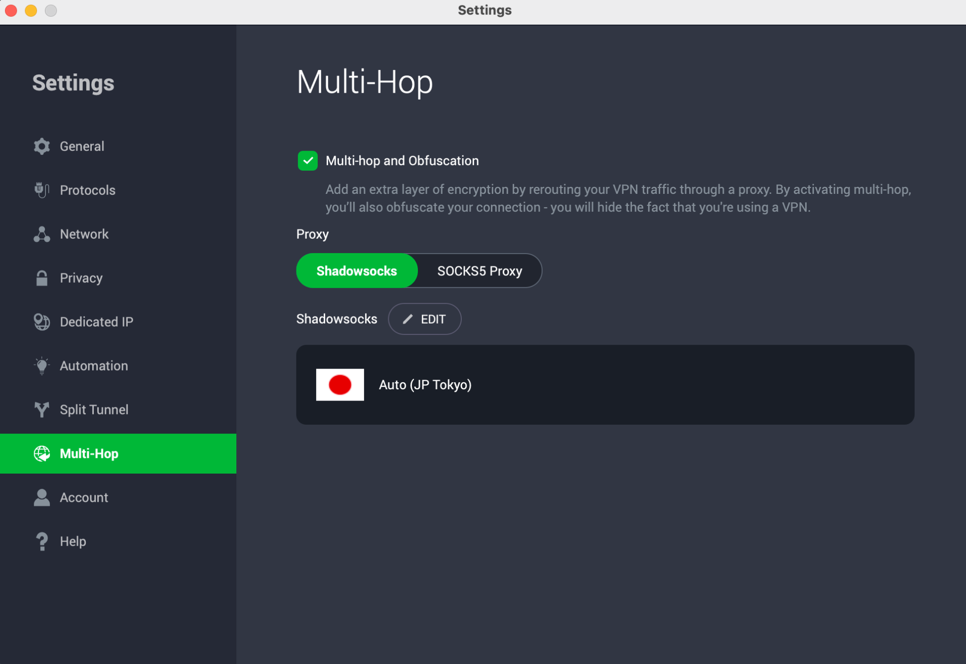 Private Internet Access Multi-Hop settings with Shadowsocks enabled.