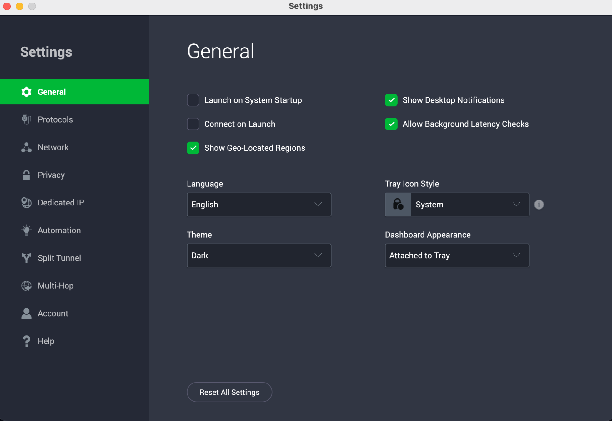 Private Internet Access General settings on Mac.