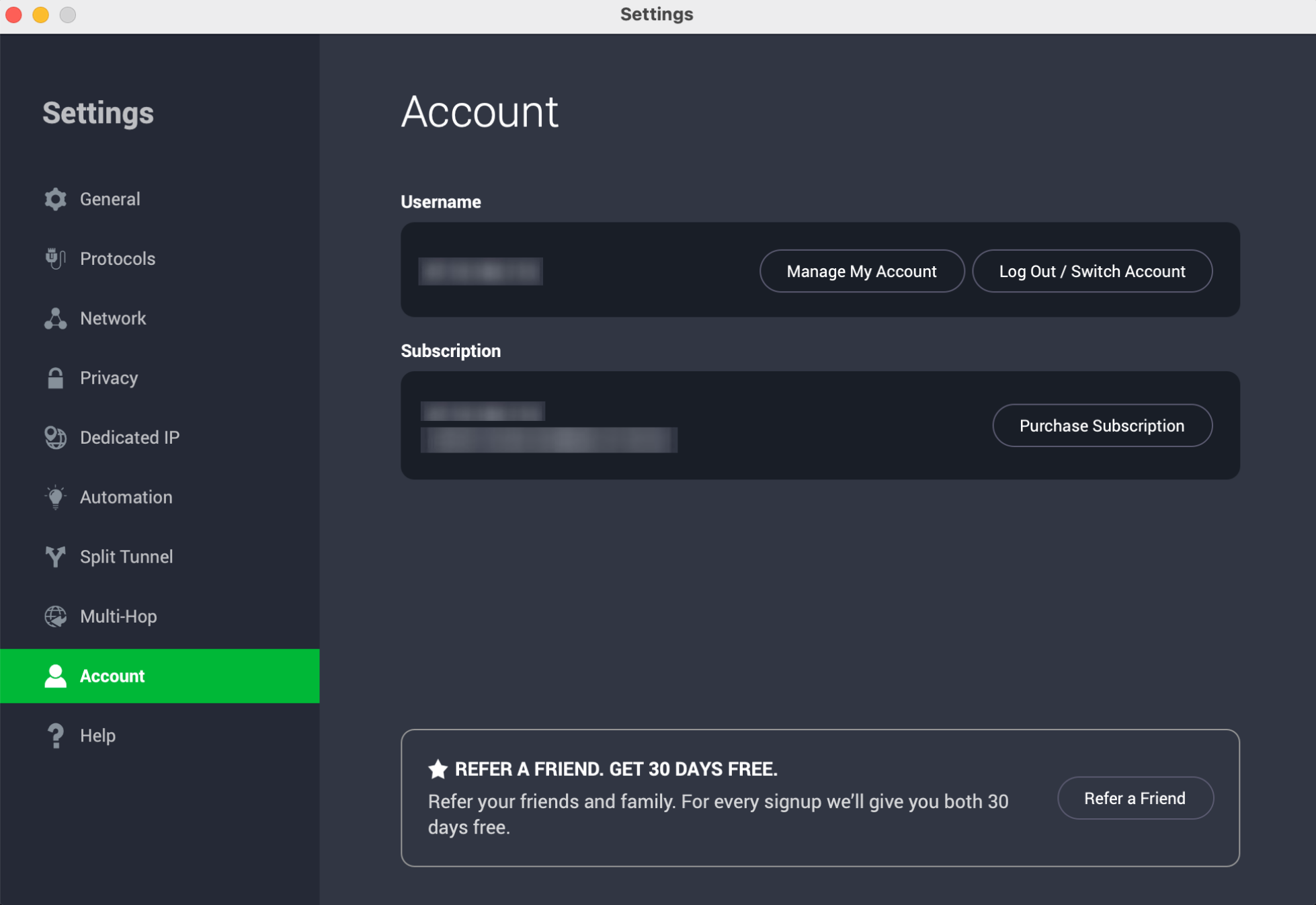Private Internet Access Account settings showing account and subscription options.