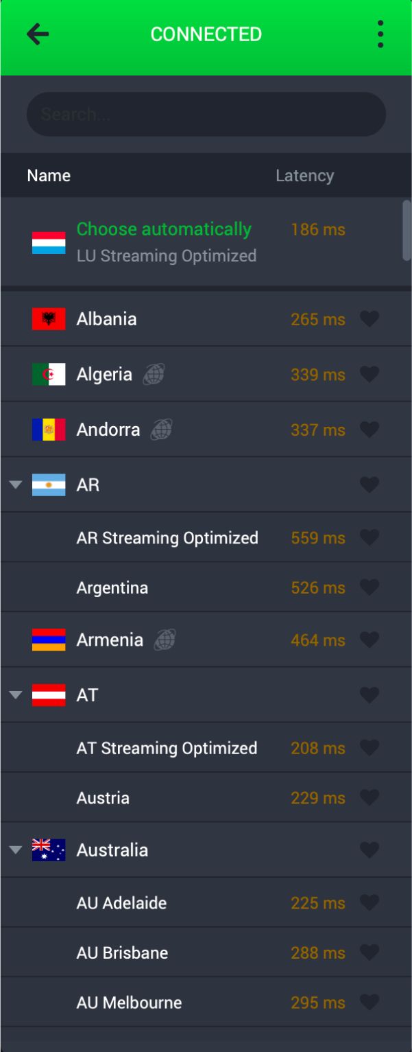 Private Internet Access server list showing available VPN locations.