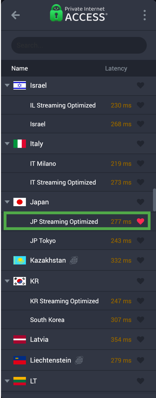 Private Internet Access server list with a Japan server highlighted and favorited.