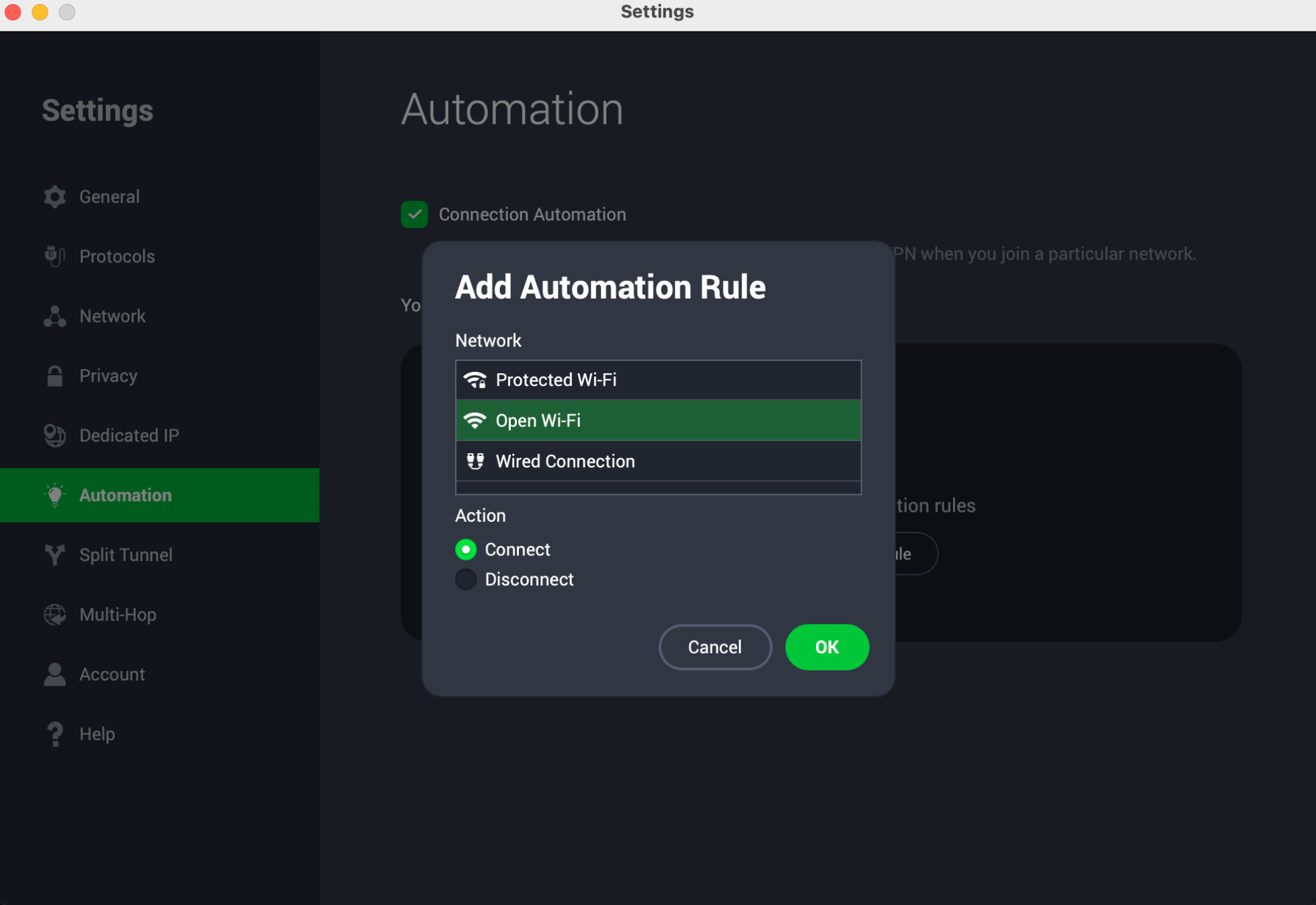 Private Internet Access automation rule for connecting on open Wi-Fi.