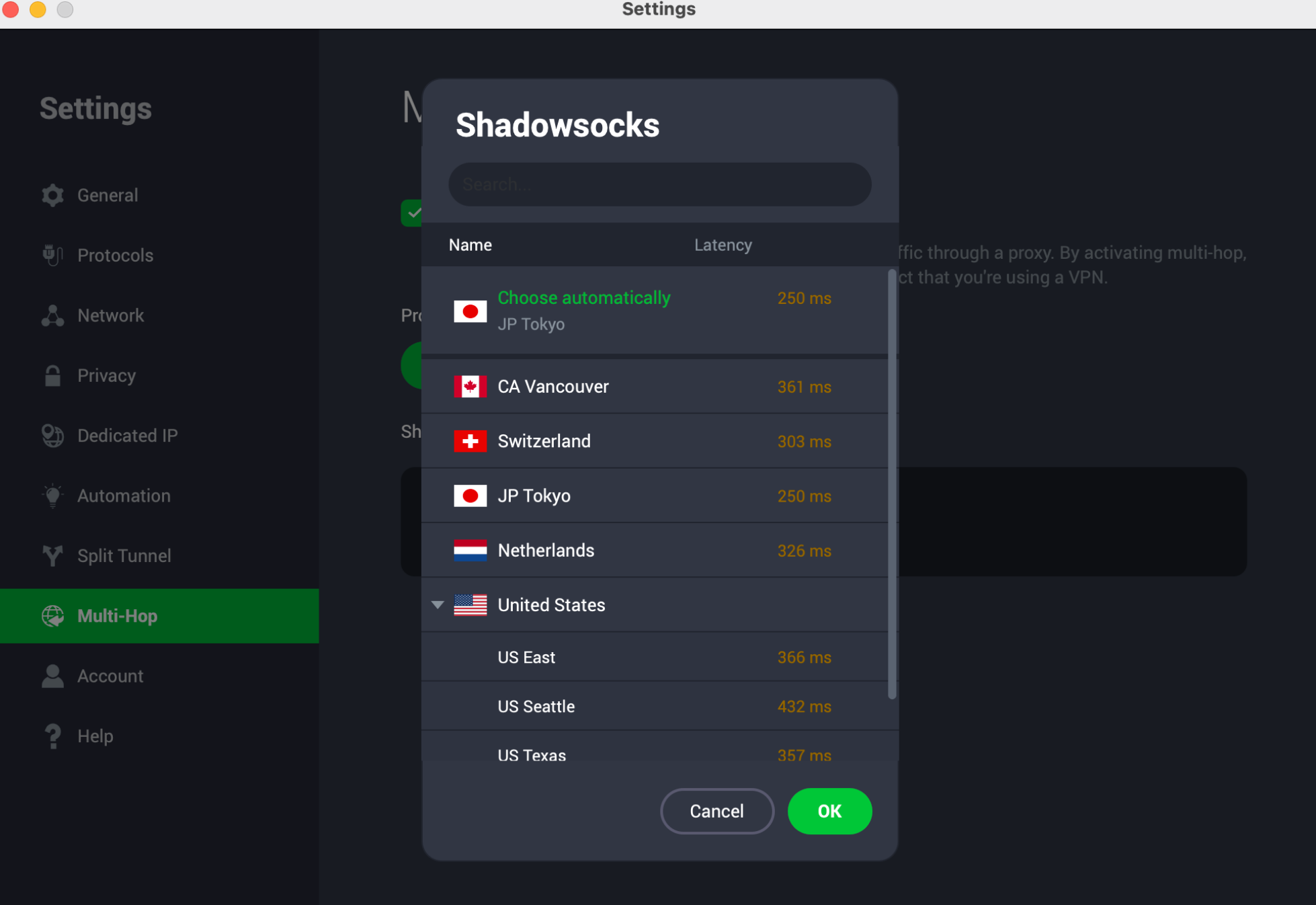 Private Internet Access Shadowsocks server selection with locations and latency.