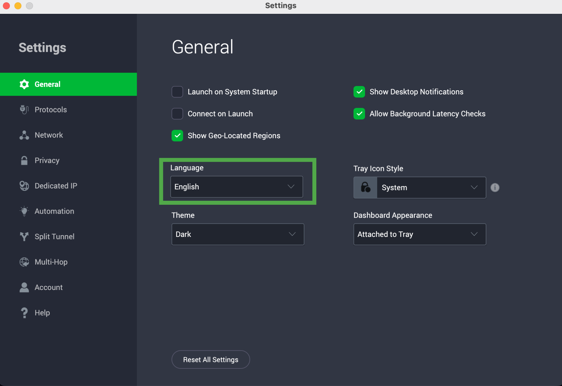 Private Internet Access General settings with the language option highlighted.