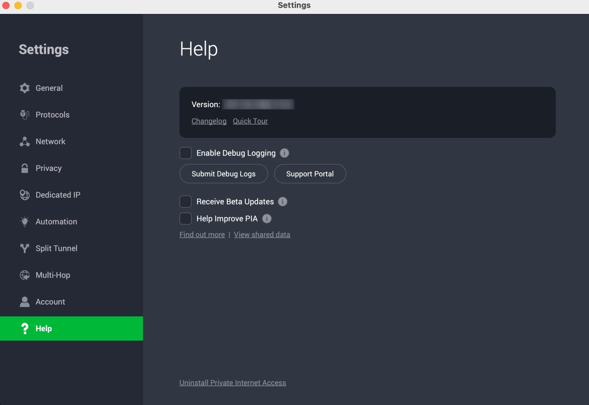 Private Internet Access Help settings with support and diagnostic options.