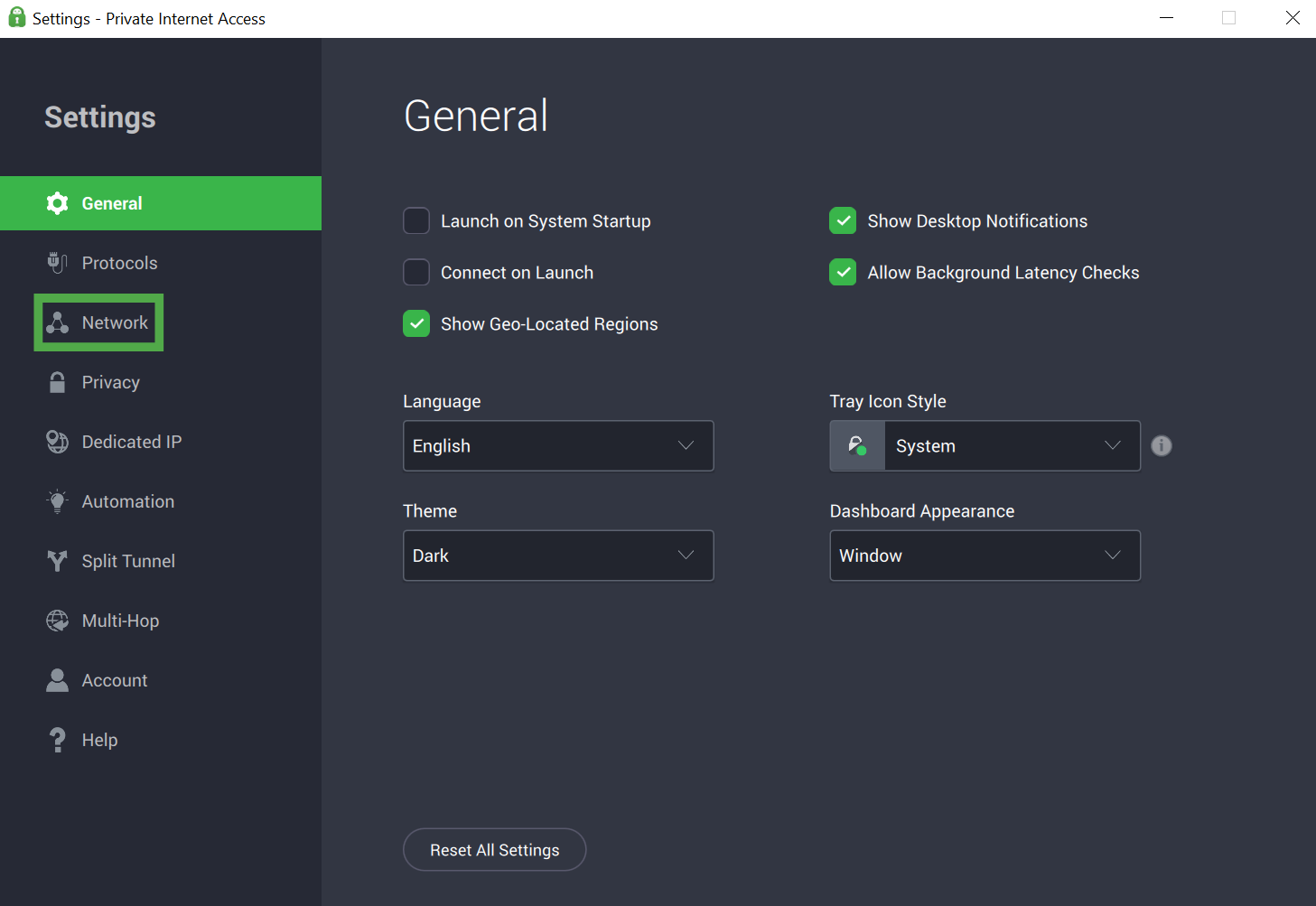 Private Internet Access Windows app interface, showing the main settings page. The "Network" tab is highlighted.