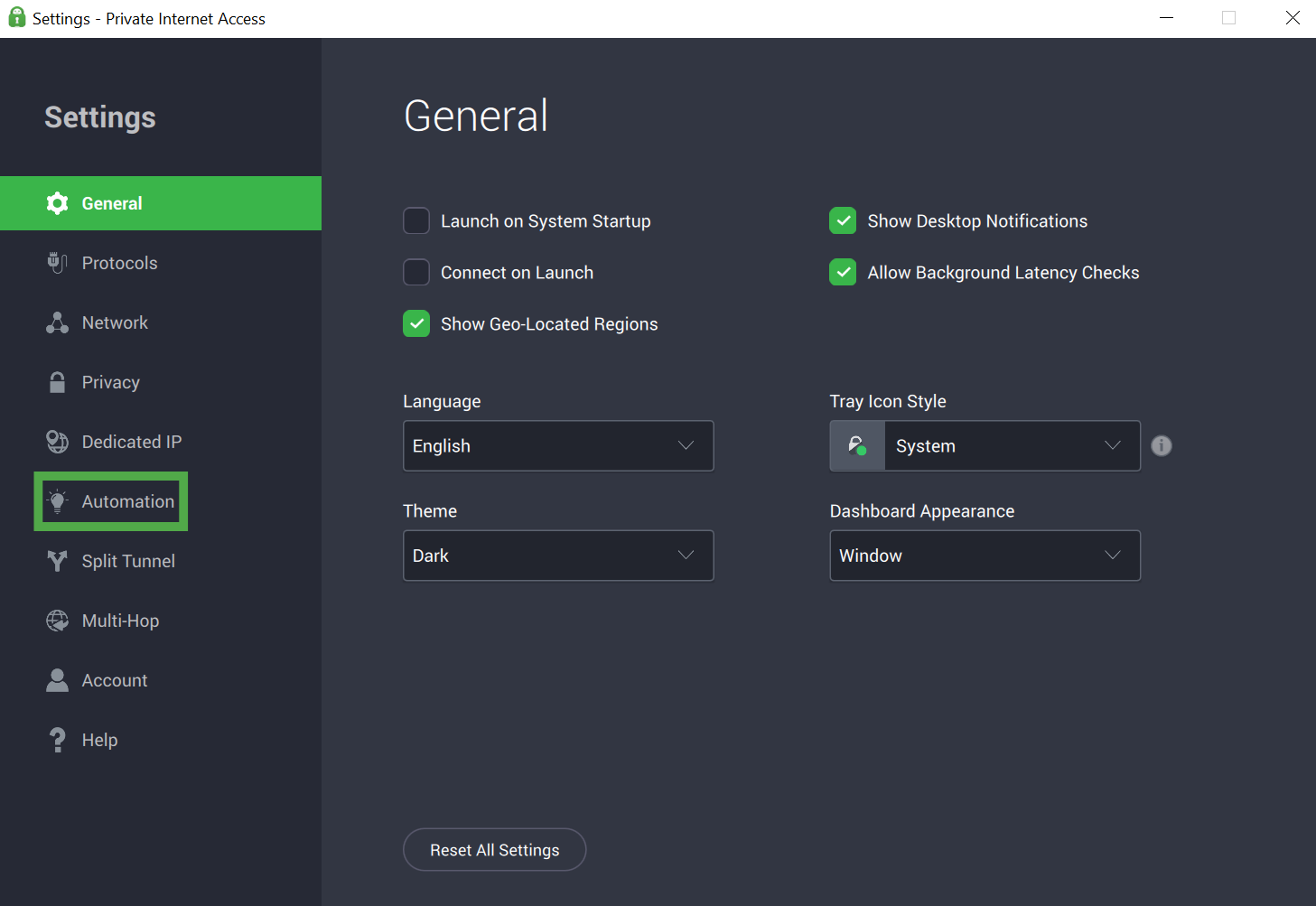 Private Internet Access Windows app interface, showing the main settings page. The "Automation" tab is highlighted.