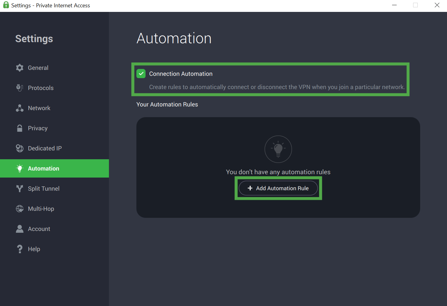 Private Internet Access Windows app interface, showing the Automation tab. The "Connection Automation" option and "+ Add Automation Rule" button are highlighted.
