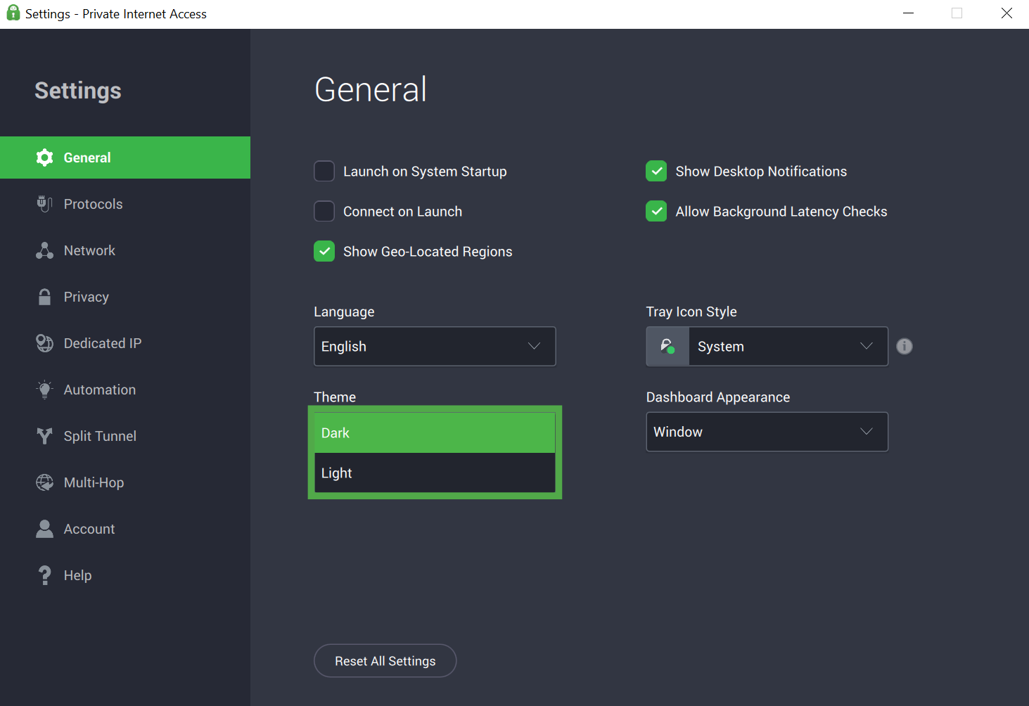 Private Internet Access Windows app interface, showing the general settings tab. The "Theme" dropdown menu is open and highlighted.