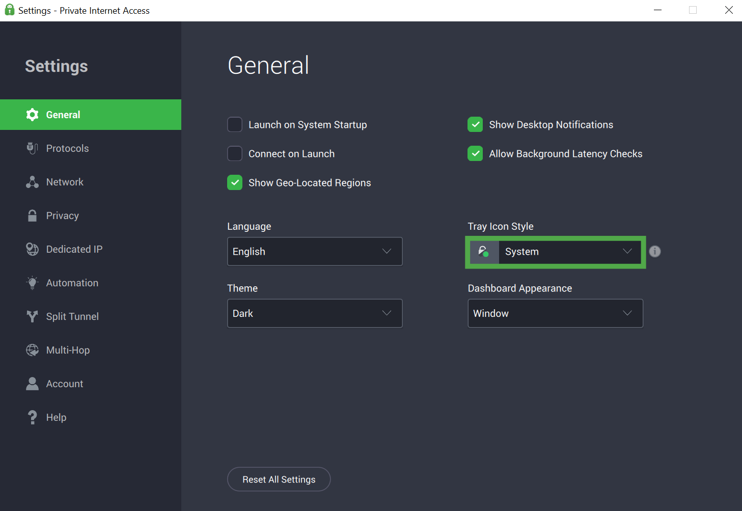 Private Internet Access Windows app interface, showing the general settings tab. The "Tray Icon Style" dropdown menu is highlighted.