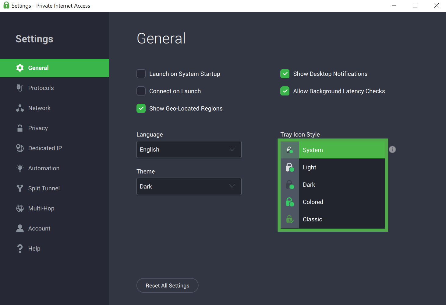 Private Internet Access Windows app interface, showing the general settings tab. The "Tray Icon Style" dropdown menu is open and highlighted.