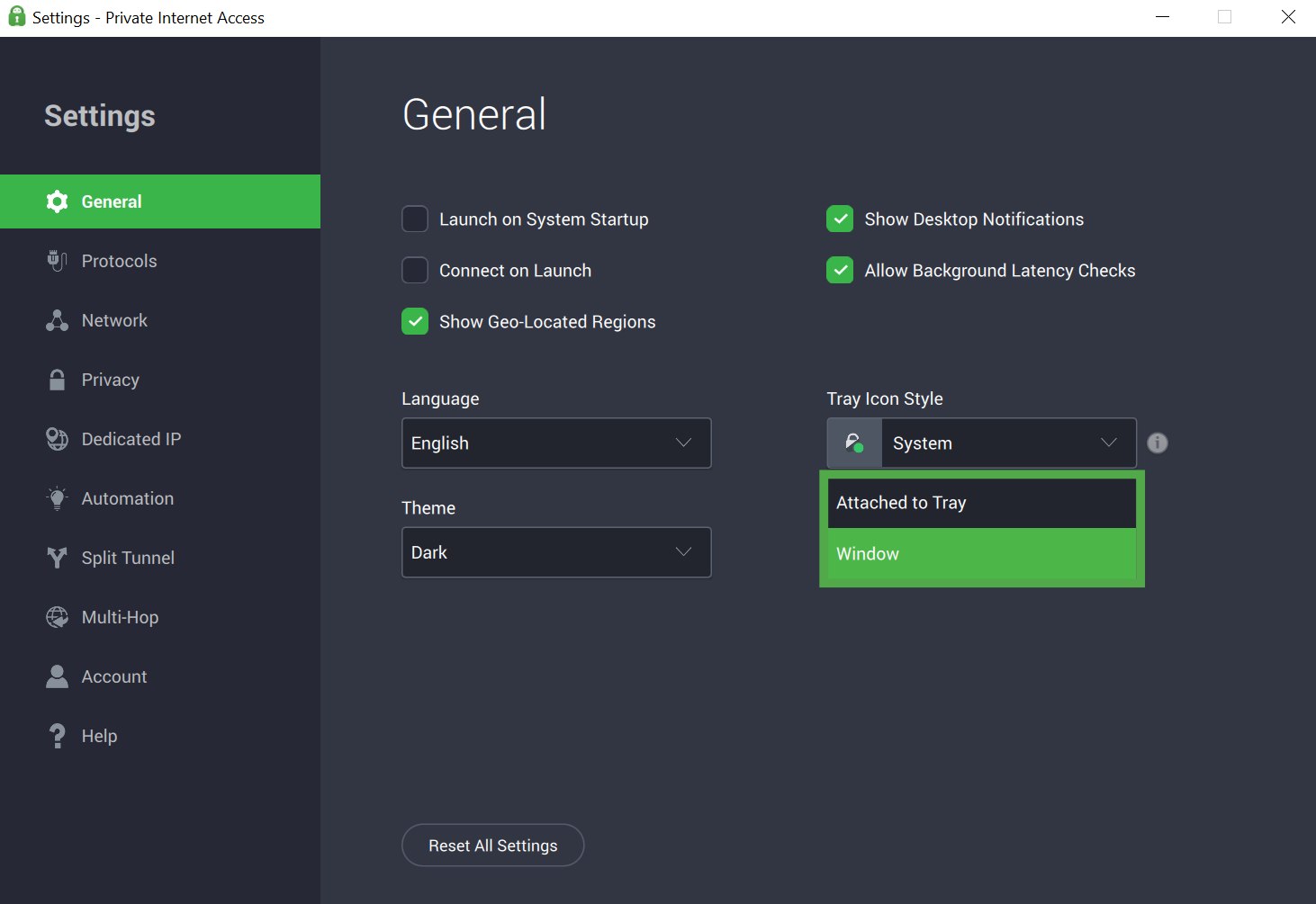 Private Internet Access Windows app interface, showing the general settings tab. The "Dashboard Appearance" dropdown menu is open and highlighted.
