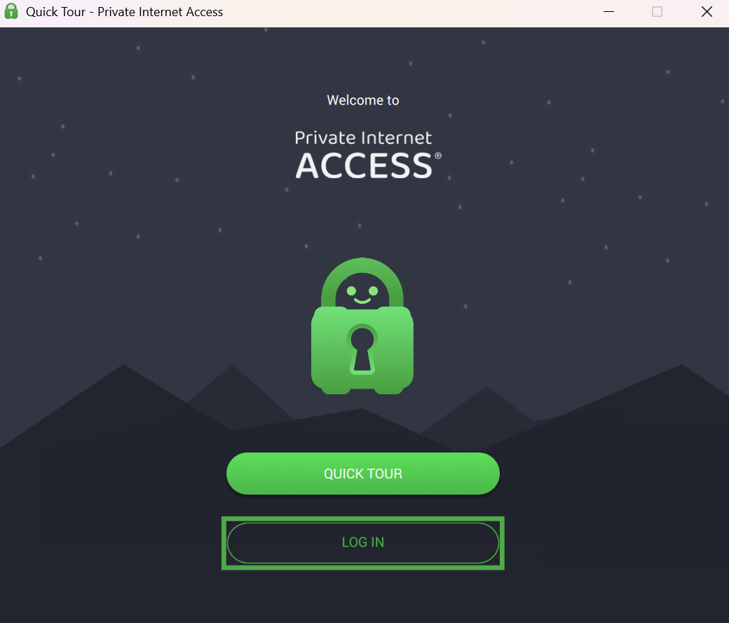 Private Internet Access Windows app interface, showing the post-installation screen. The "LOG IN" button is highlighted.