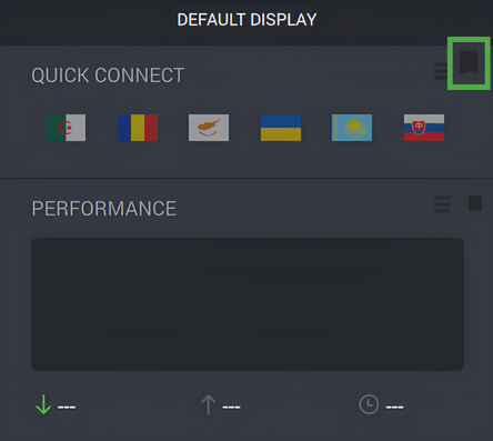 Private Internet Access Windows app interface, showing the quick connect and performance widgets. The bookmark icon for the quick connect widget is highlighted.