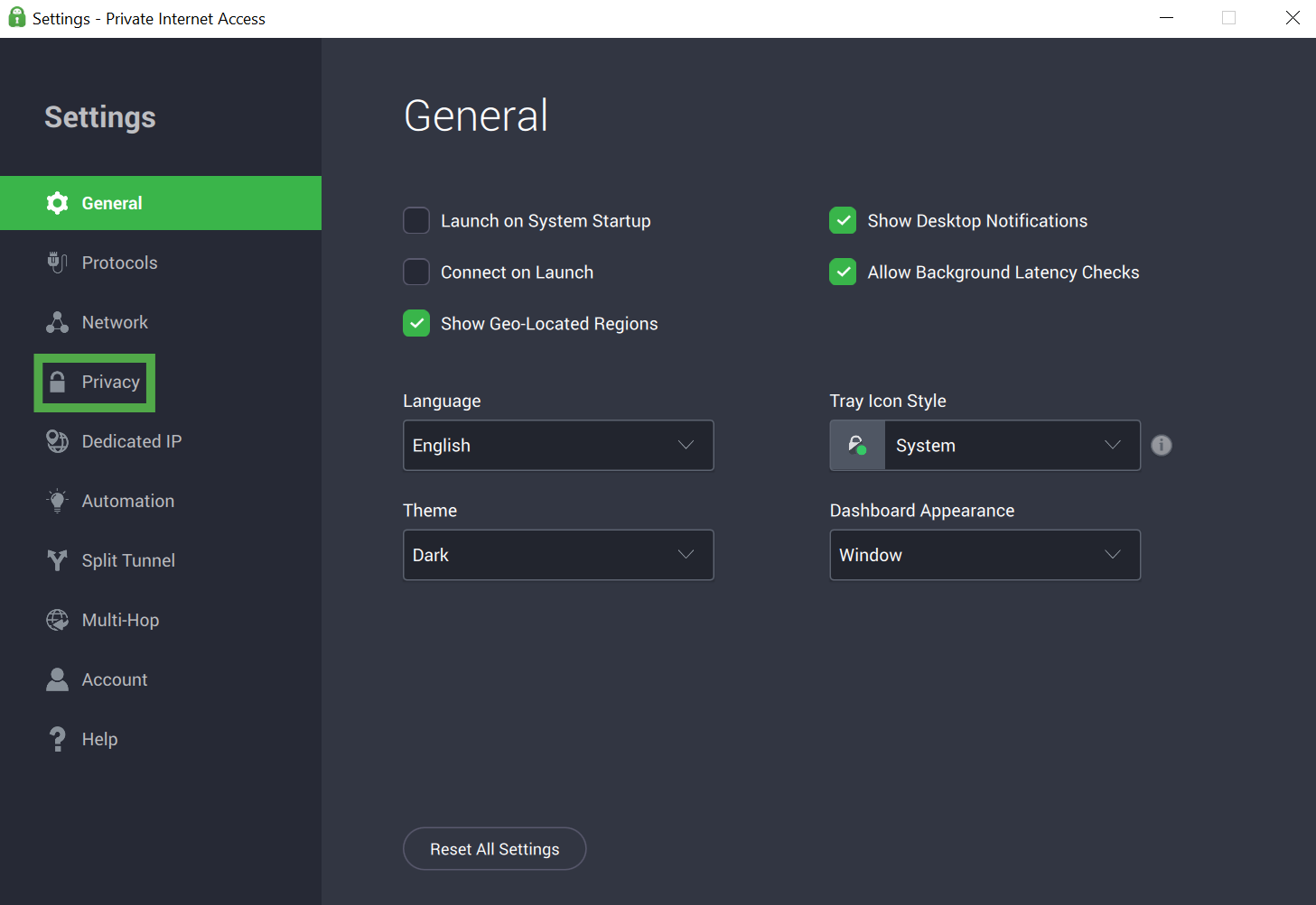Private Internet Access Windows app interface, showing the main settings page. The "Privacy" tab is highlighted.