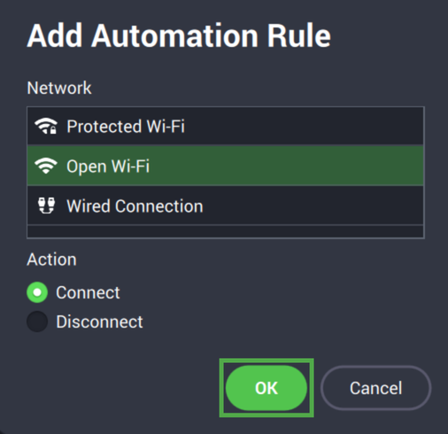 Private Internet Access Windows app interface, showing the window for adding an automation rule.
